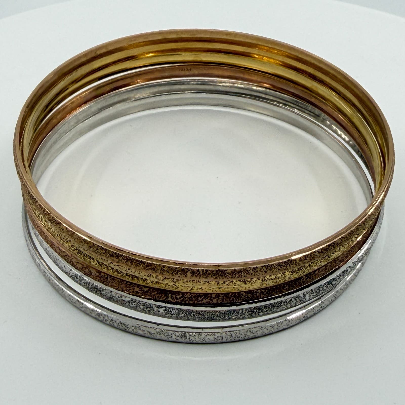 Tri-Color Glitter Textured Bangle Bracelet Set Stackable Gold & Silver Tone Gift - Thumbnail 4