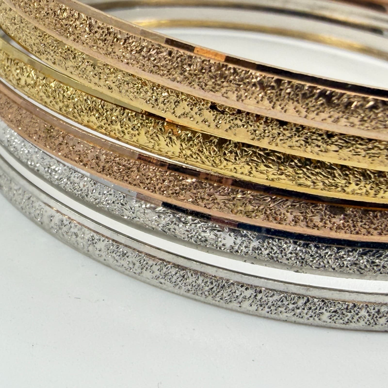 Tri-Color Glitter Textured Bangle Bracelet Set Stackable Gold & Silver Tone Gift - Thumbnail 5