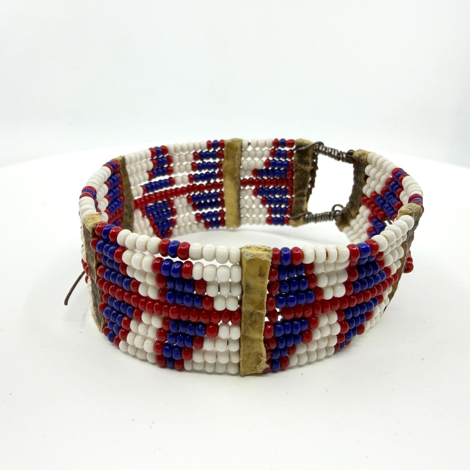 Handcrafted Native American Style Beaded Cuff Bracelet Red White Blue Geometric - Thumbnail 2