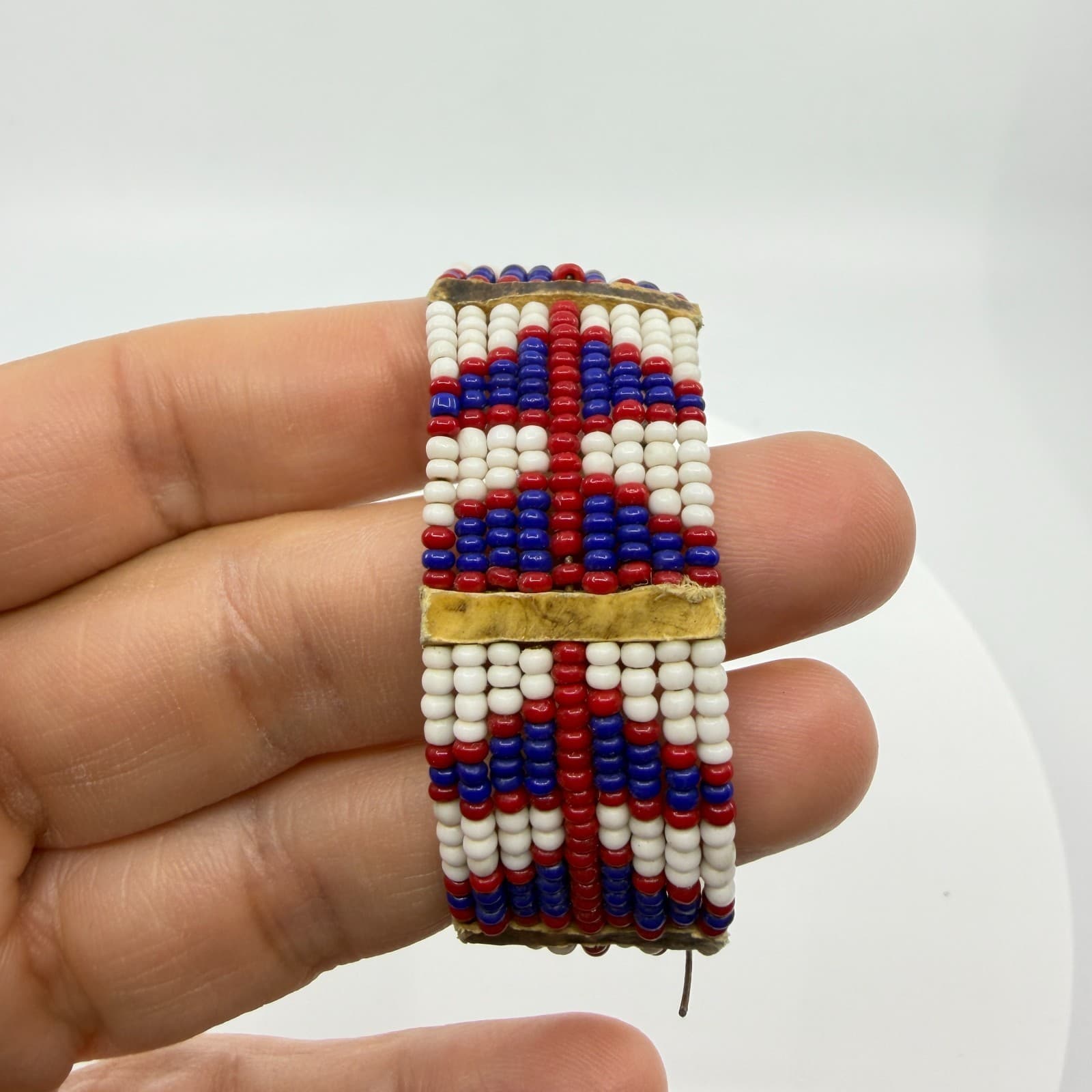 Handcrafted Native American Style Beaded Cuff Bracelet Red White Blue Geometric - Thumbnail 7