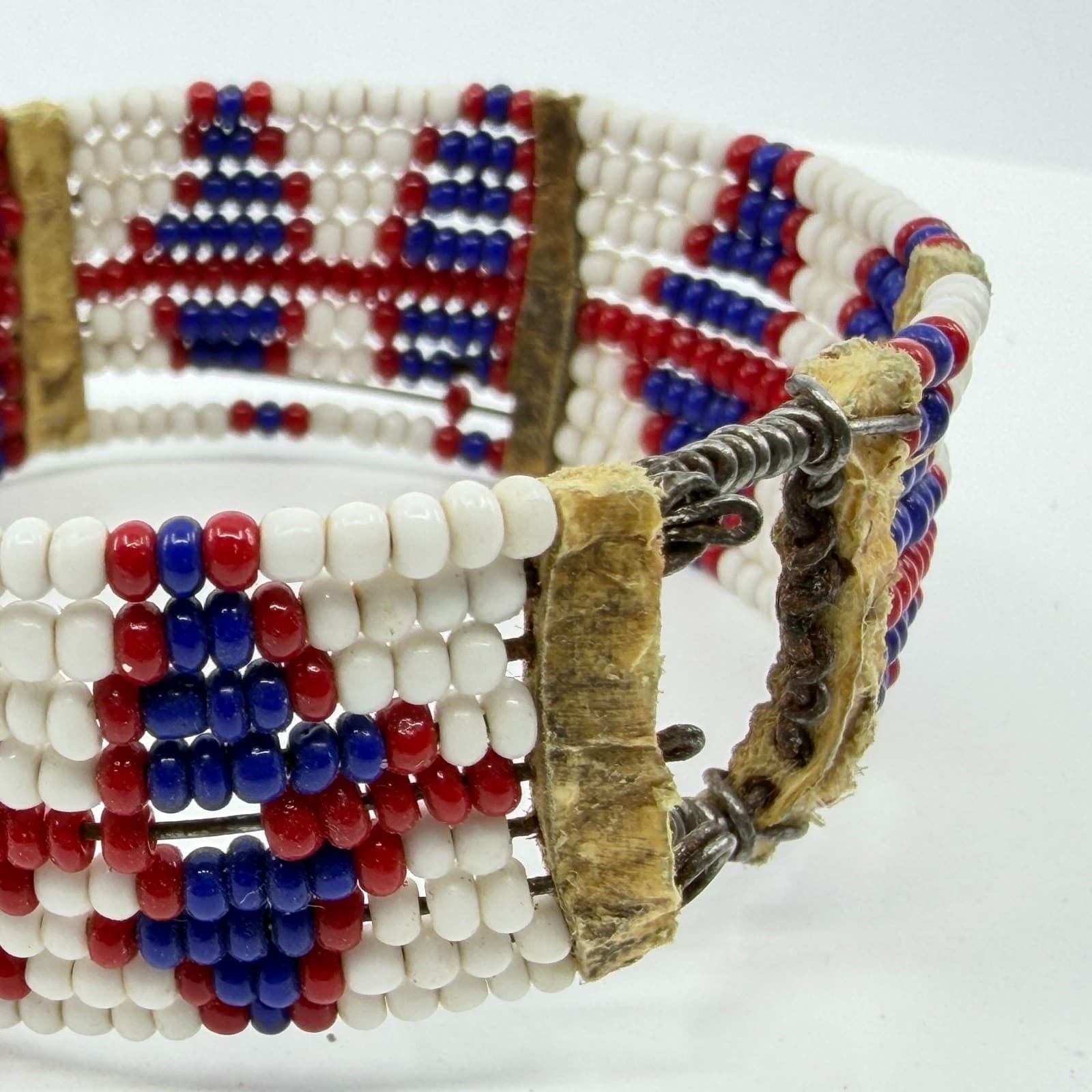 Handcrafted Native American Style Beaded Cuff Bracelet Red White Blue Geometric - Thumbnail 6
