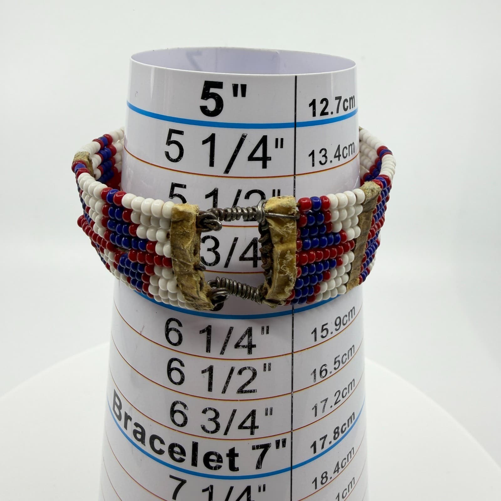 Handcrafted Native American Style Beaded Cuff Bracelet Red White Blue Geometric - Thumbnail 8