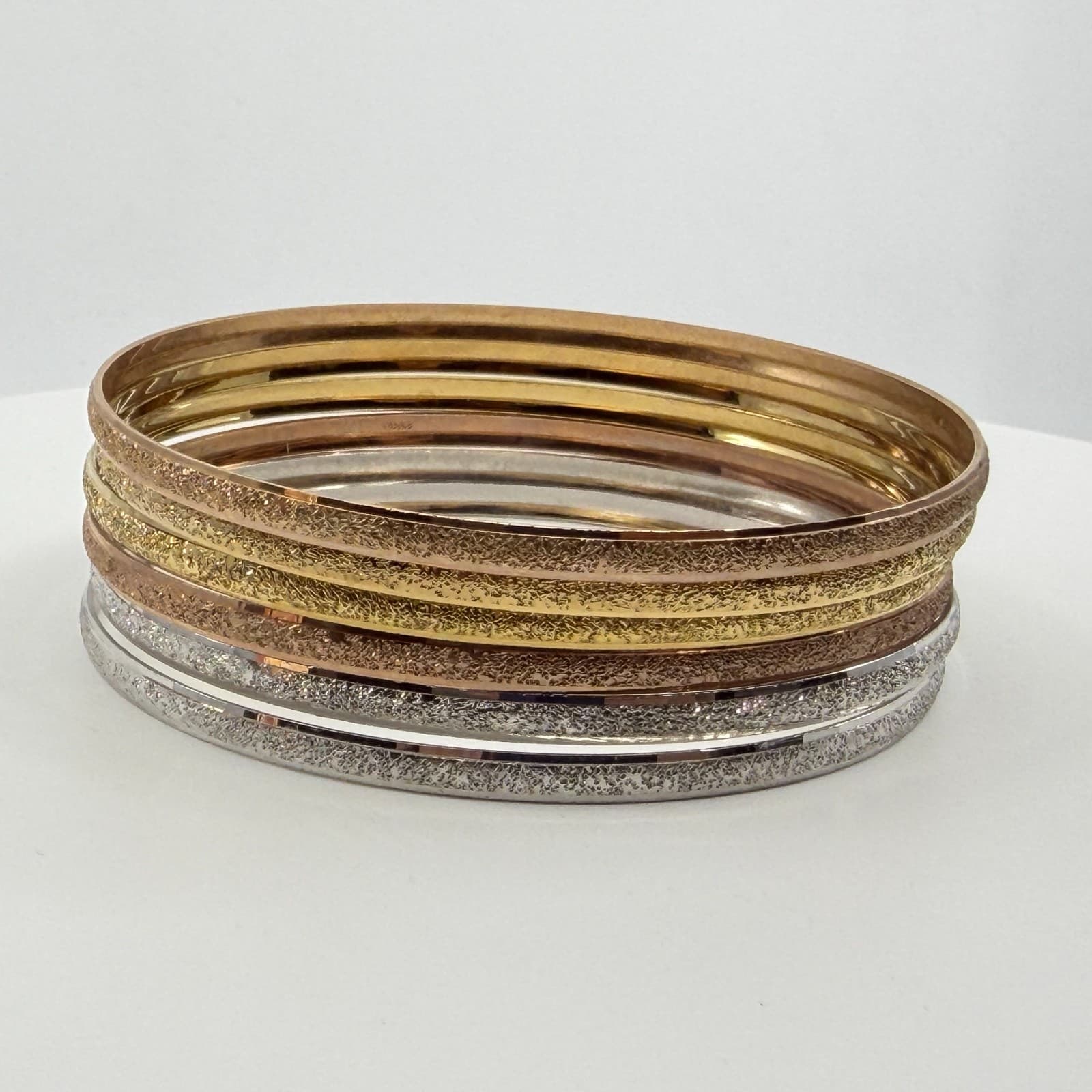 Tri-Color Glitter Textured Bangle Bracelet Set Stackable Gold & Silver Tone Gift - Thumbnail 6