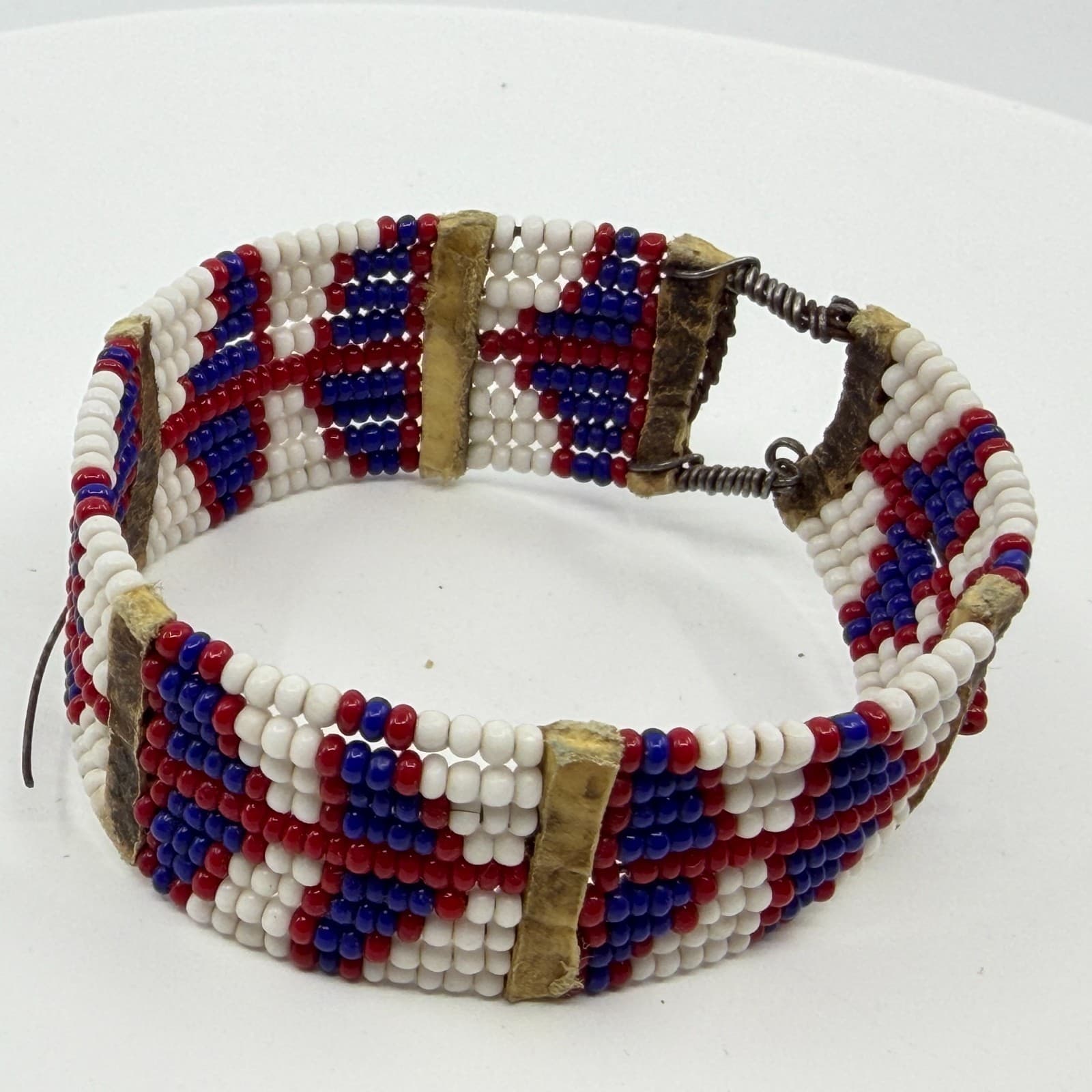Handcrafted Native American Style Beaded Cuff Bracelet Red White Blue Geometric - Thumbnail 4