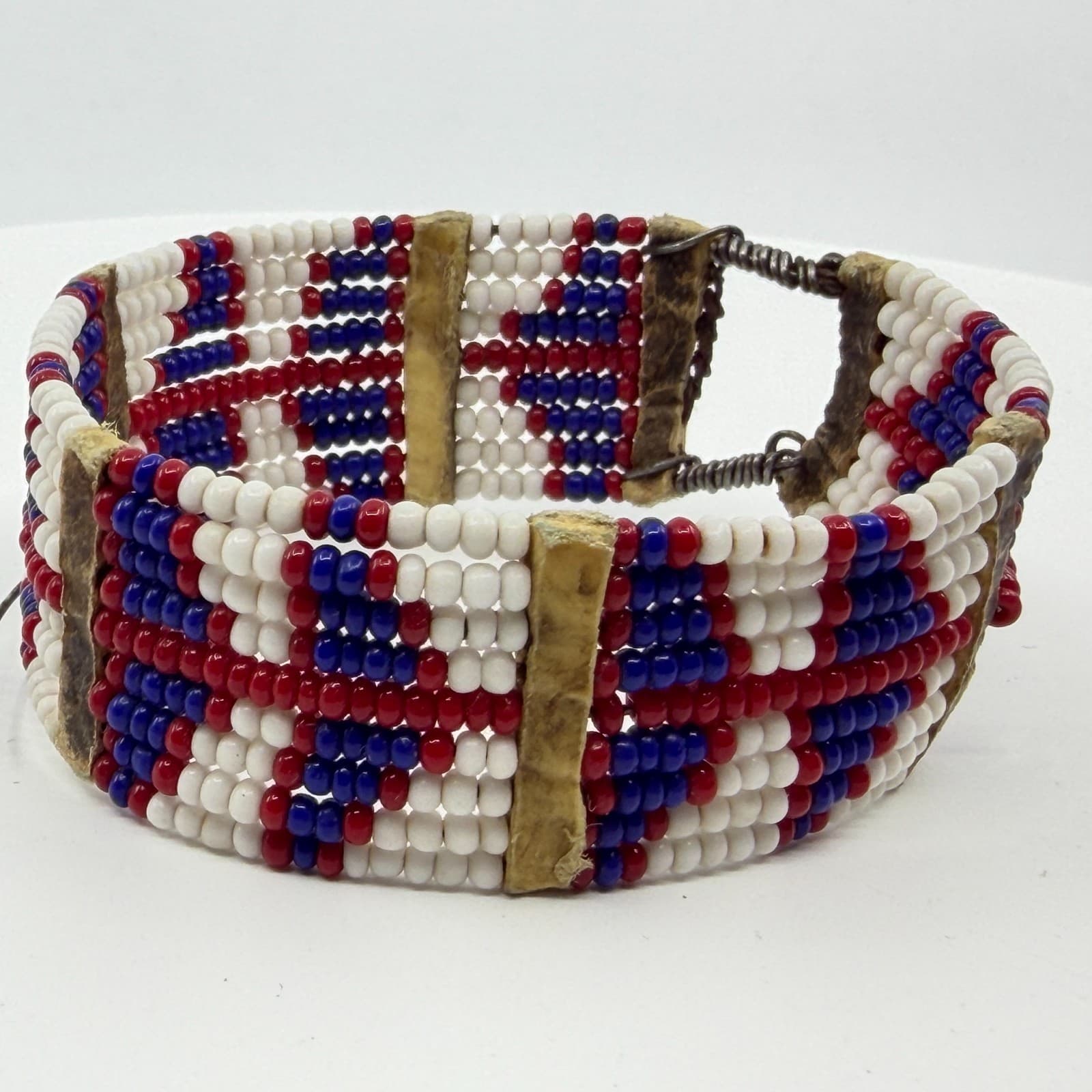 Handcrafted Native American Style Beaded Cuff Bracelet Red White Blue Geometric - Thumbnail 3