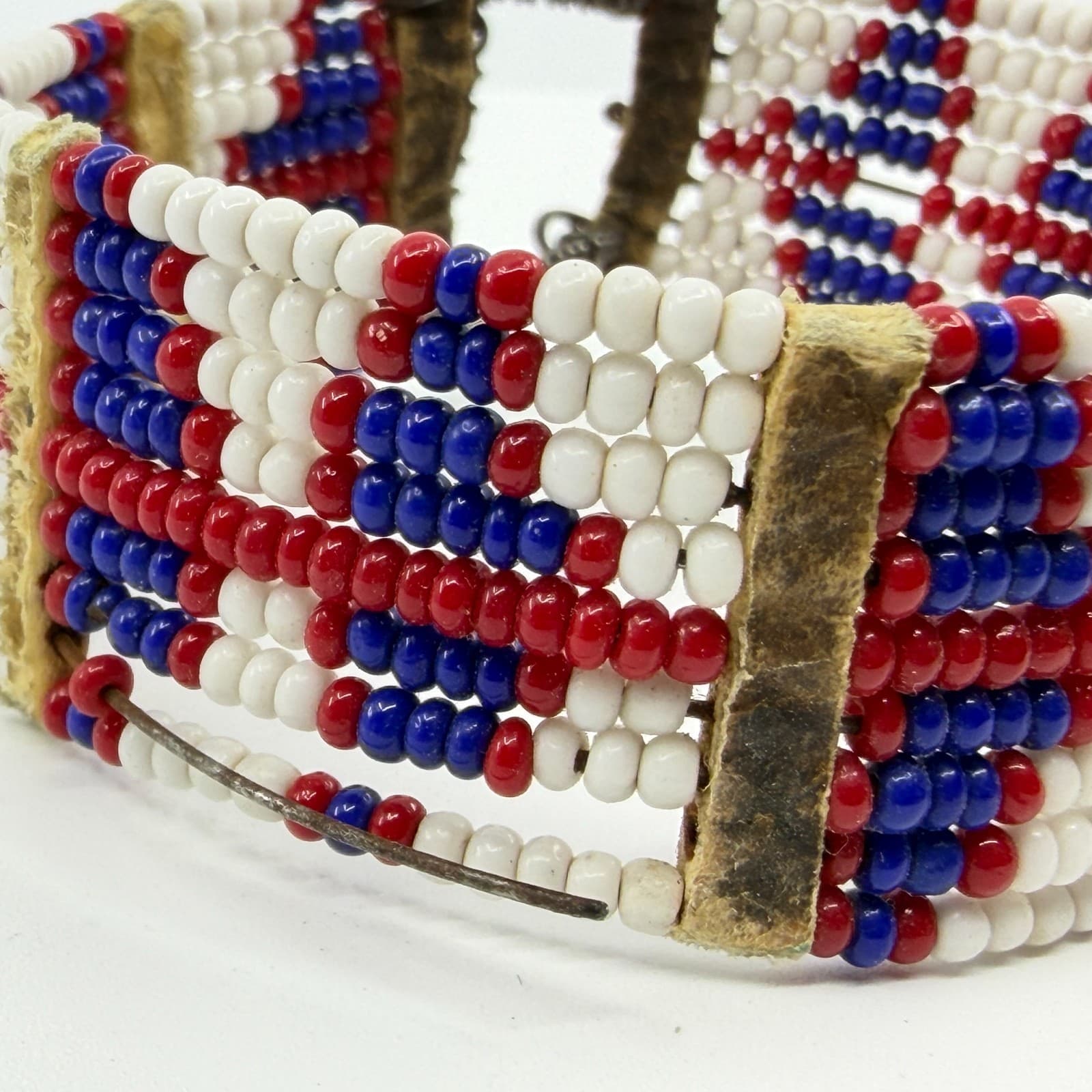 Handcrafted Native American Style Beaded Cuff Bracelet Red White Blue Geometric - Thumbnail 5