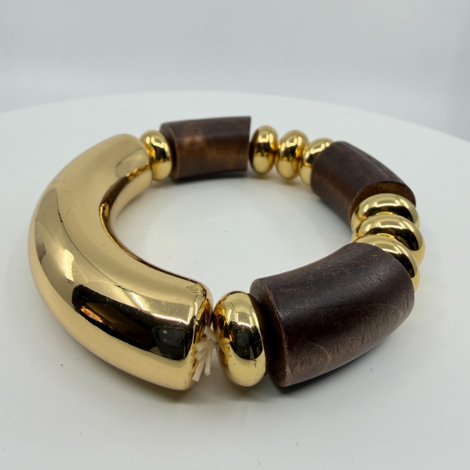 Bold Chunky Gold Tone and Dark Wood Bead Stretch Bracelet Statement Jewelry Gift - Thumbnail 2