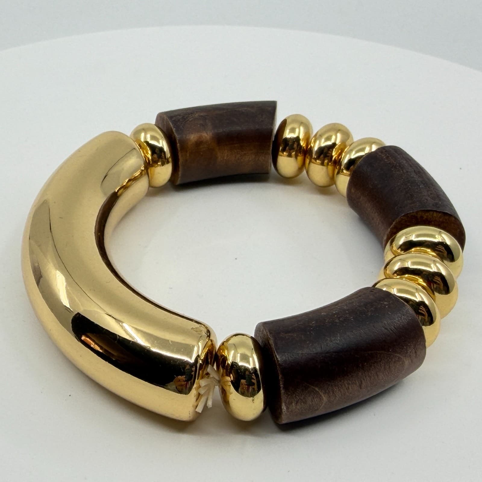Bold Chunky Gold Tone and Dark Wood Bead Stretch Bracelet Statement Jewelry Gift - Thumbnail 6
