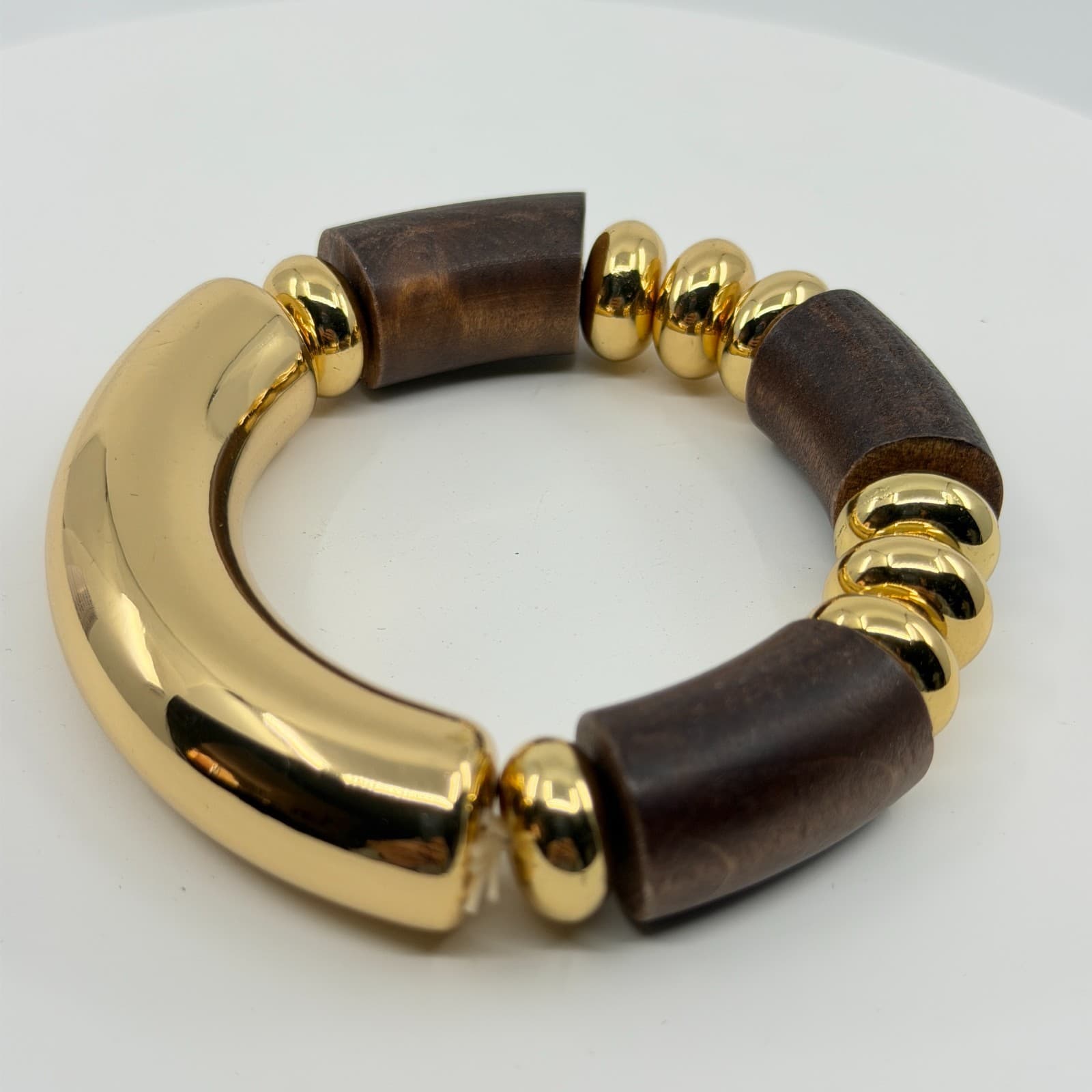Bold Chunky Gold Tone and Dark Wood Bead Stretch Bracelet Statement Jewelry Gift - Thumbnail 4