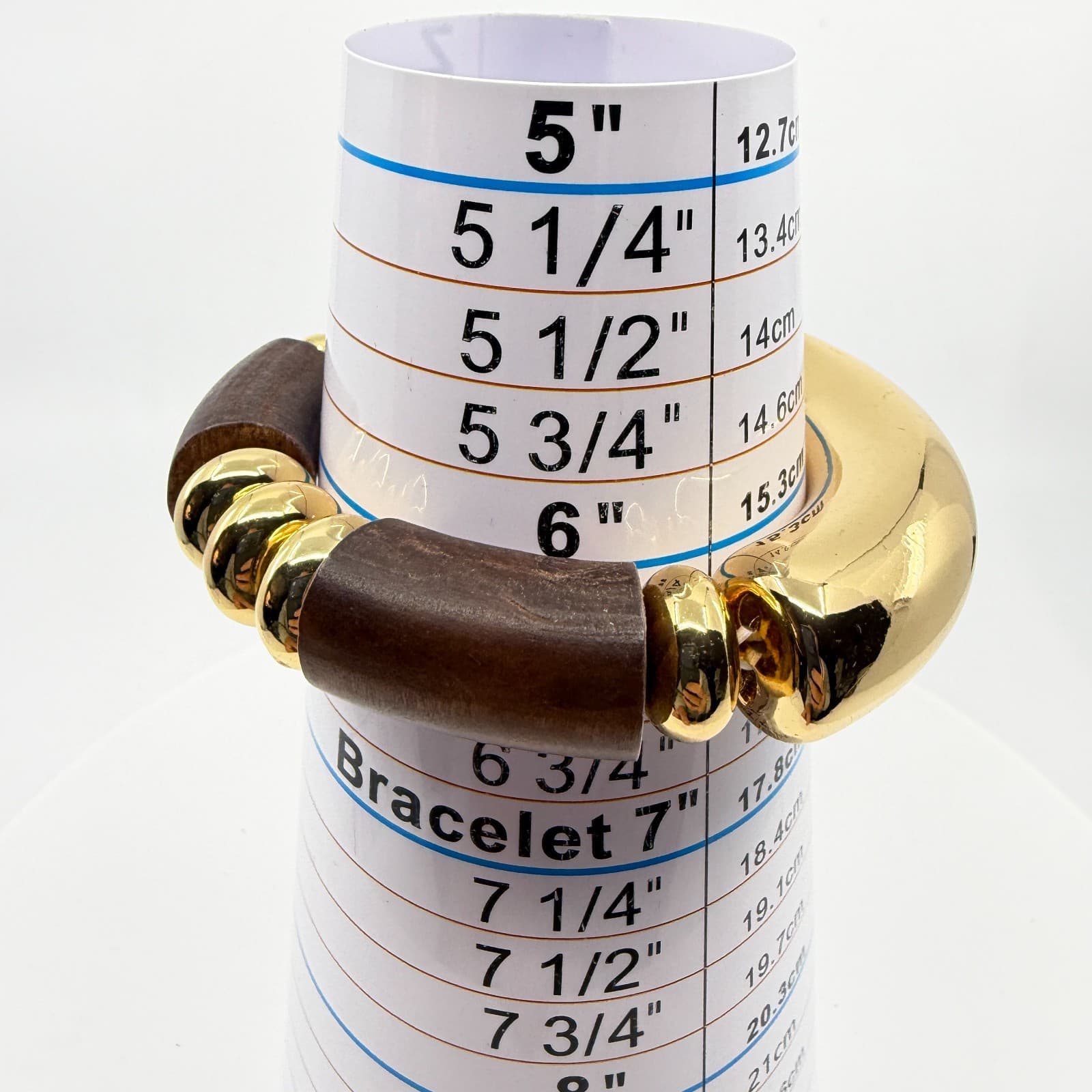 Bold Chunky Gold Tone and Dark Wood Bead Stretch Bracelet Statement Jewelry Gift - Thumbnail 8