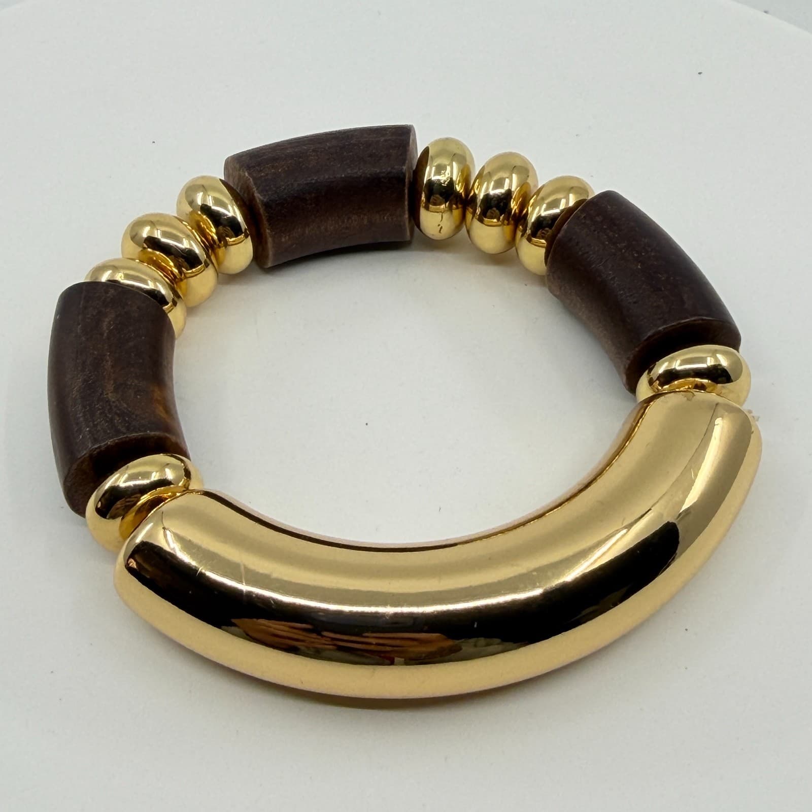 Bold Chunky Gold Tone and Dark Wood Bead Stretch Bracelet Statement Jewelry Gift - Thumbnail 7