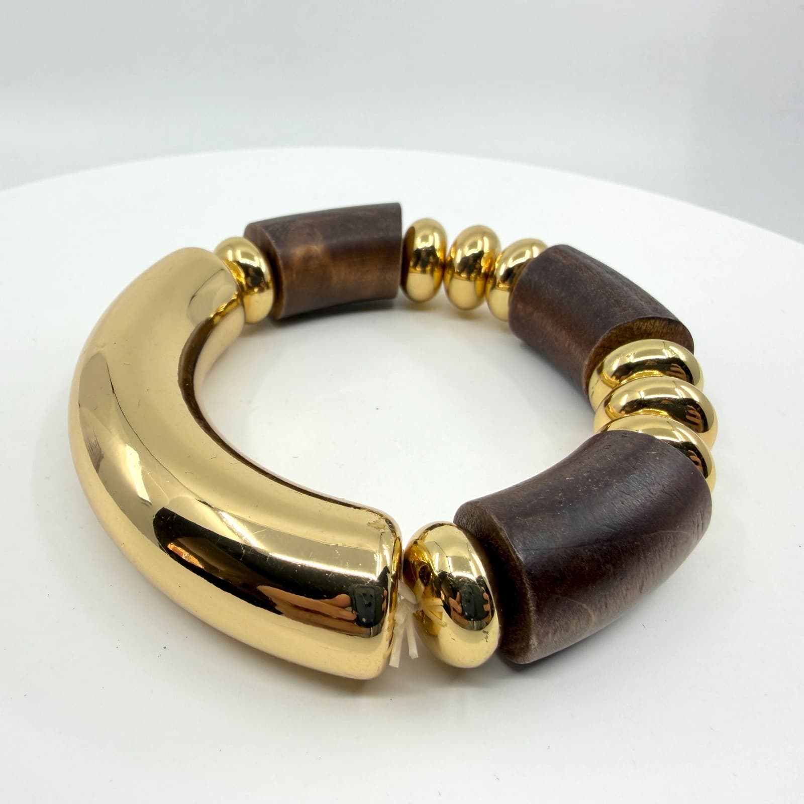 Bold Chunky Gold Tone and Dark Wood Bead Stretch Bracelet Statement Jewelry Gift - Thumbnail 3