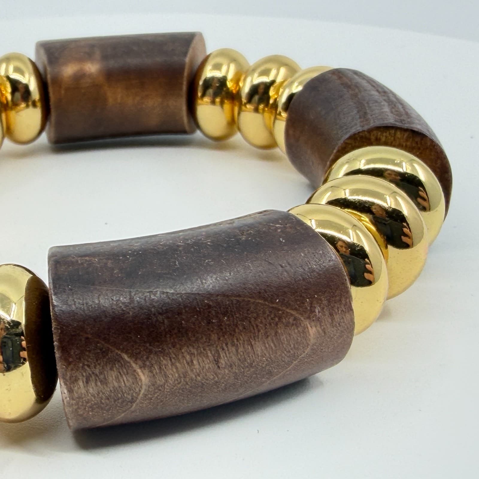 Bold Chunky Gold Tone and Dark Wood Bead Stretch Bracelet Statement Jewelry Gift - Thumbnail 5