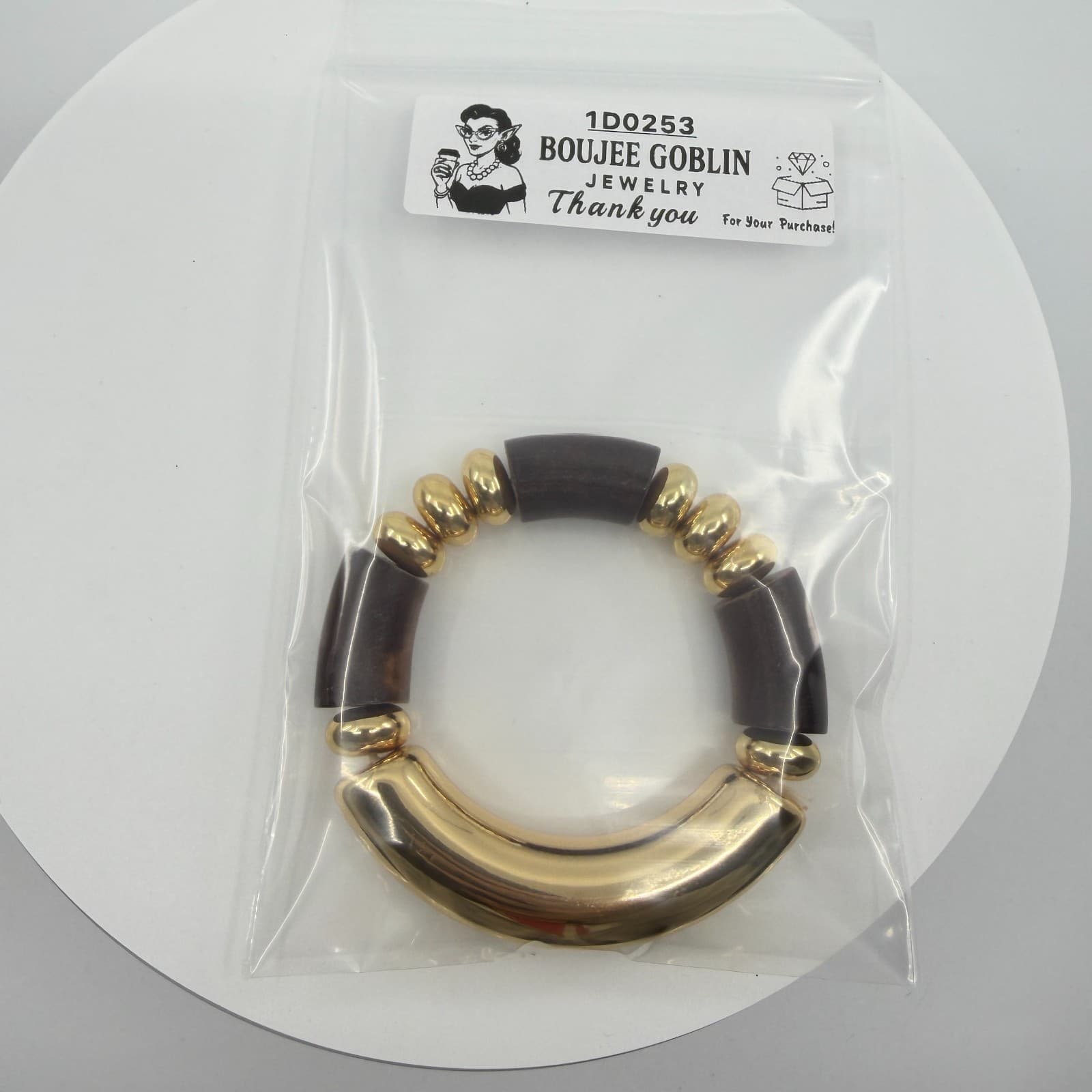 Bold Chunky Gold Tone and Dark Wood Bead Stretch Bracelet Statement Jewelry Gift - Thumbnail 9