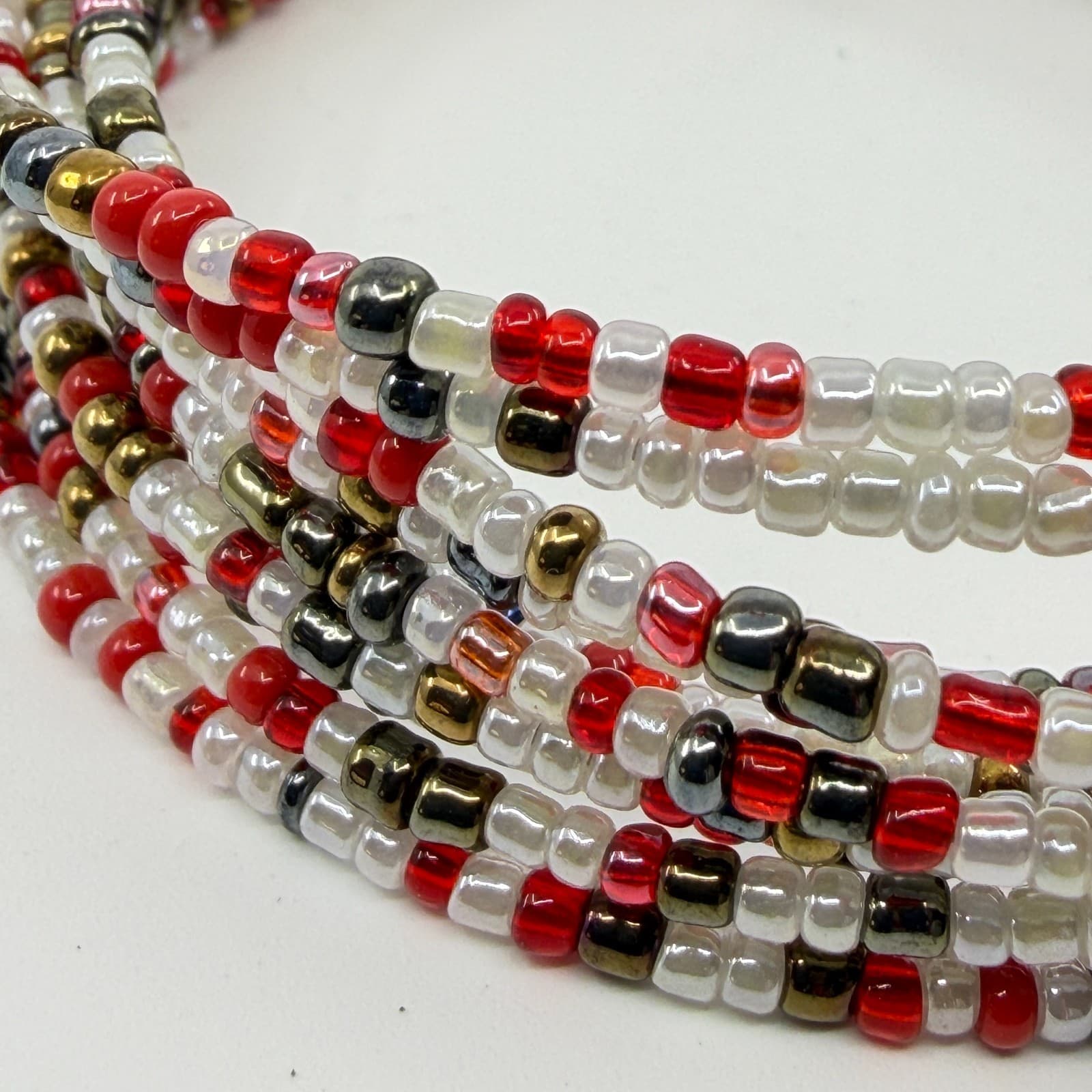 Multi-Strand Red White and Metallic Bead Wrap Bracelet Festival Boho Stack Style - Thumbnail 5