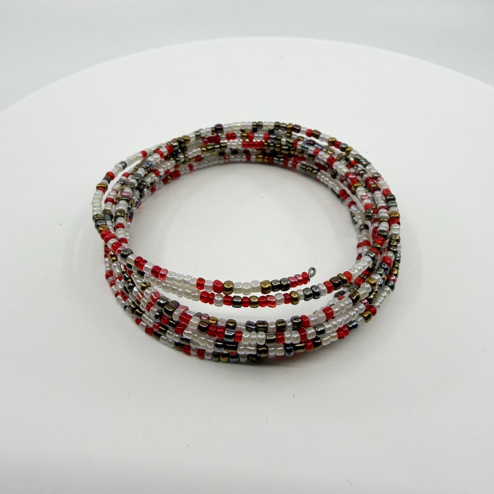 Multi-Strand Red White and Metallic Bead Wrap Bracelet Festival Boho Stack Style - Thumbnail 4