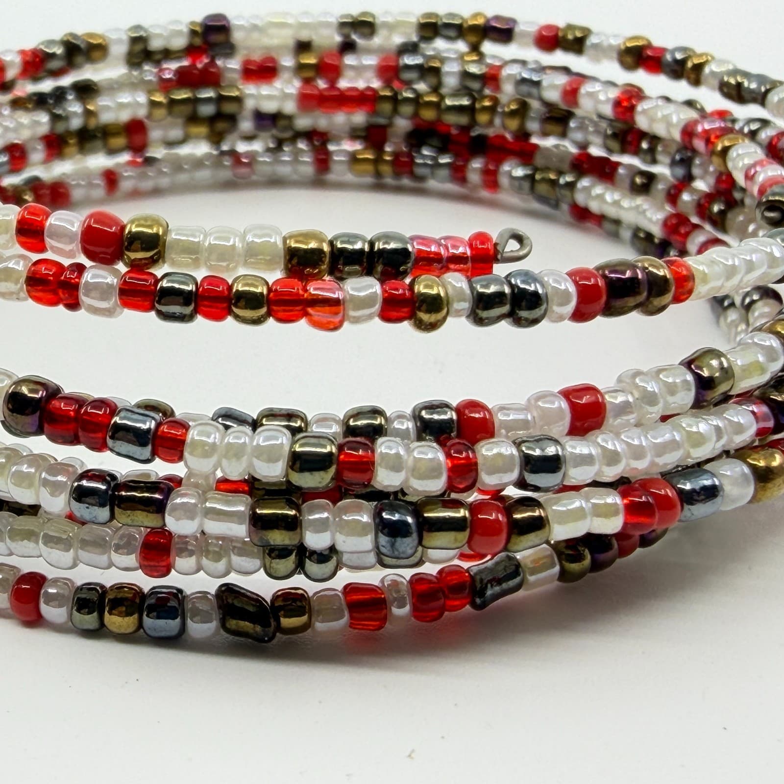 Multi-Strand Red White and Metallic Bead Wrap Bracelet Festival Boho Stack Style - Thumbnail 7
