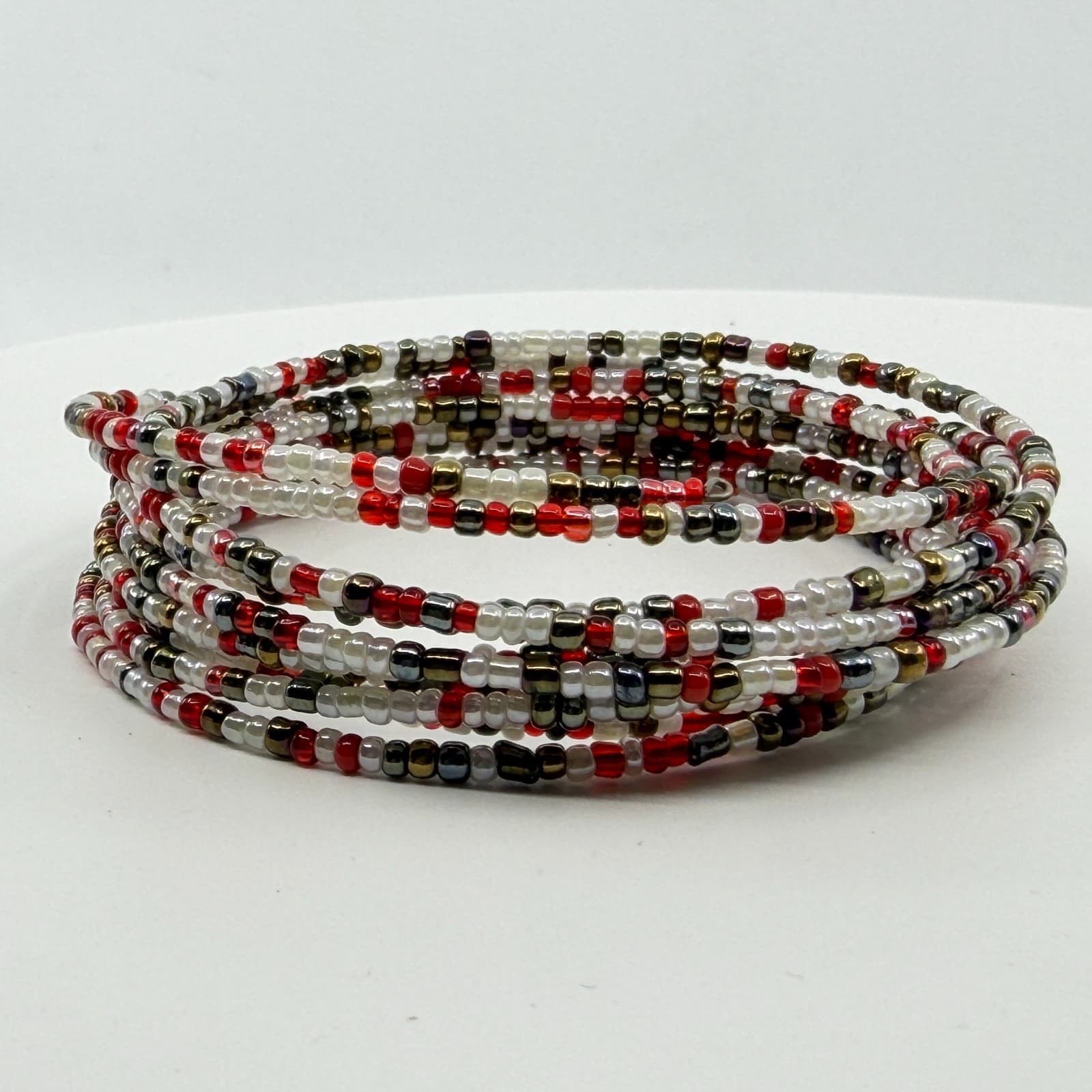 Multi-Strand Red White and Metallic Bead Wrap Bracelet Festival Boho Stack Style - Thumbnail 6