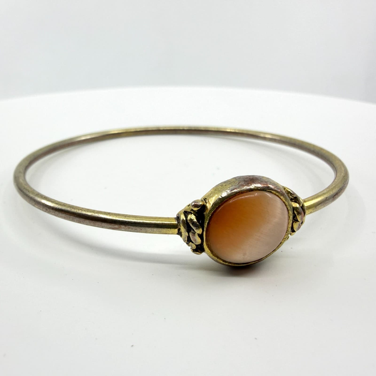 Delicate Peach Moonstone Bangle Gold Tone Minimalist Layering Boho Jewelry Gift
