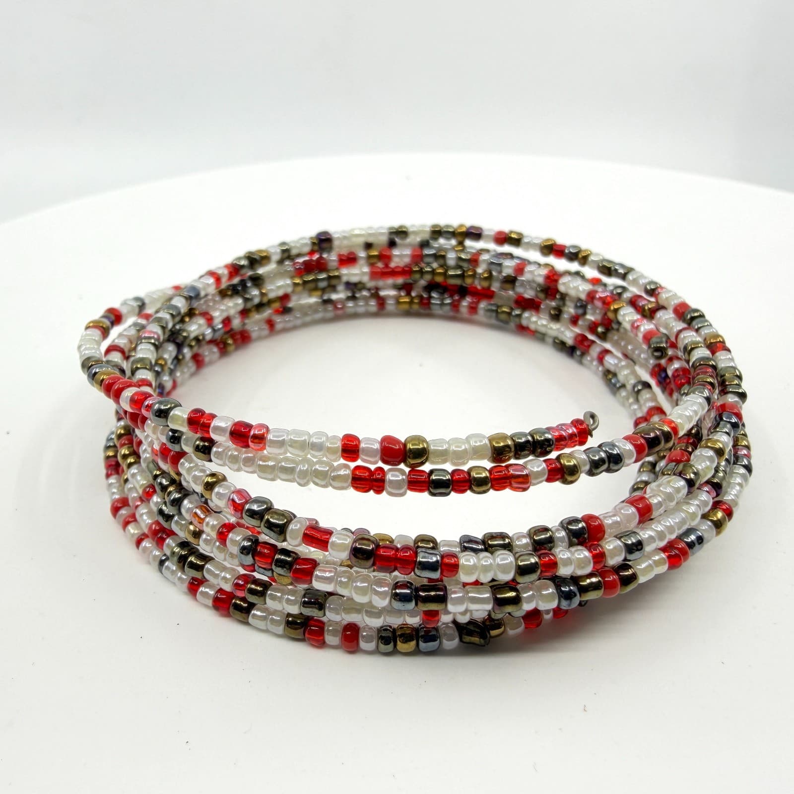 Multi-Strand Red White and Metallic Bead Wrap Bracelet Festival Boho Stack Style - Thumbnail 2