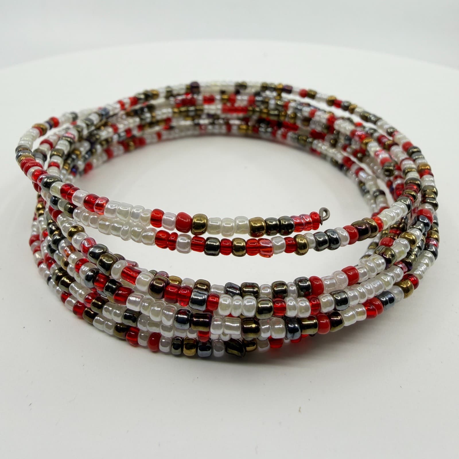 Multi-Strand Red White and Metallic Bead Wrap Bracelet Festival Boho Stack Style - Thumbnail 3