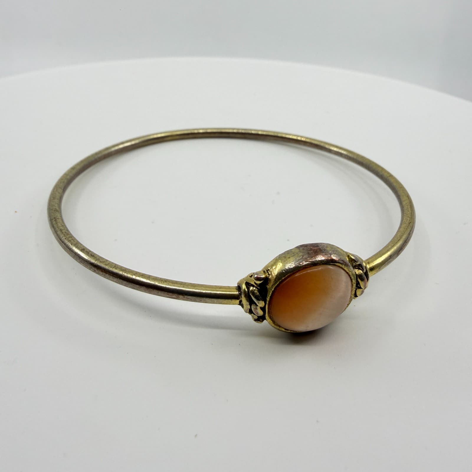Delicate Peach Moonstone Bangle Gold Tone Minimalist Layering Boho Jewelry Gift - Thumbnail 3