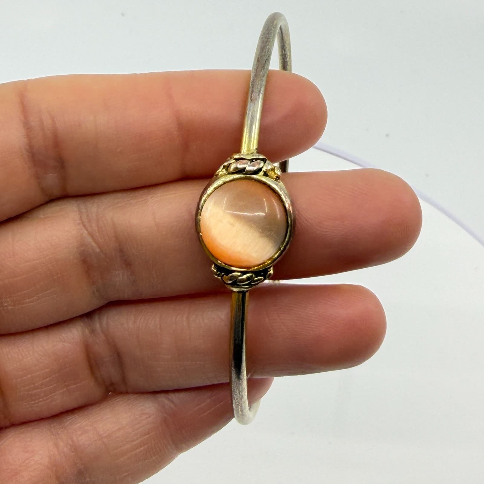 Delicate Peach Moonstone Bangle Gold Tone Minimalist Layering Boho Jewelry Gift - Thumbnail 8