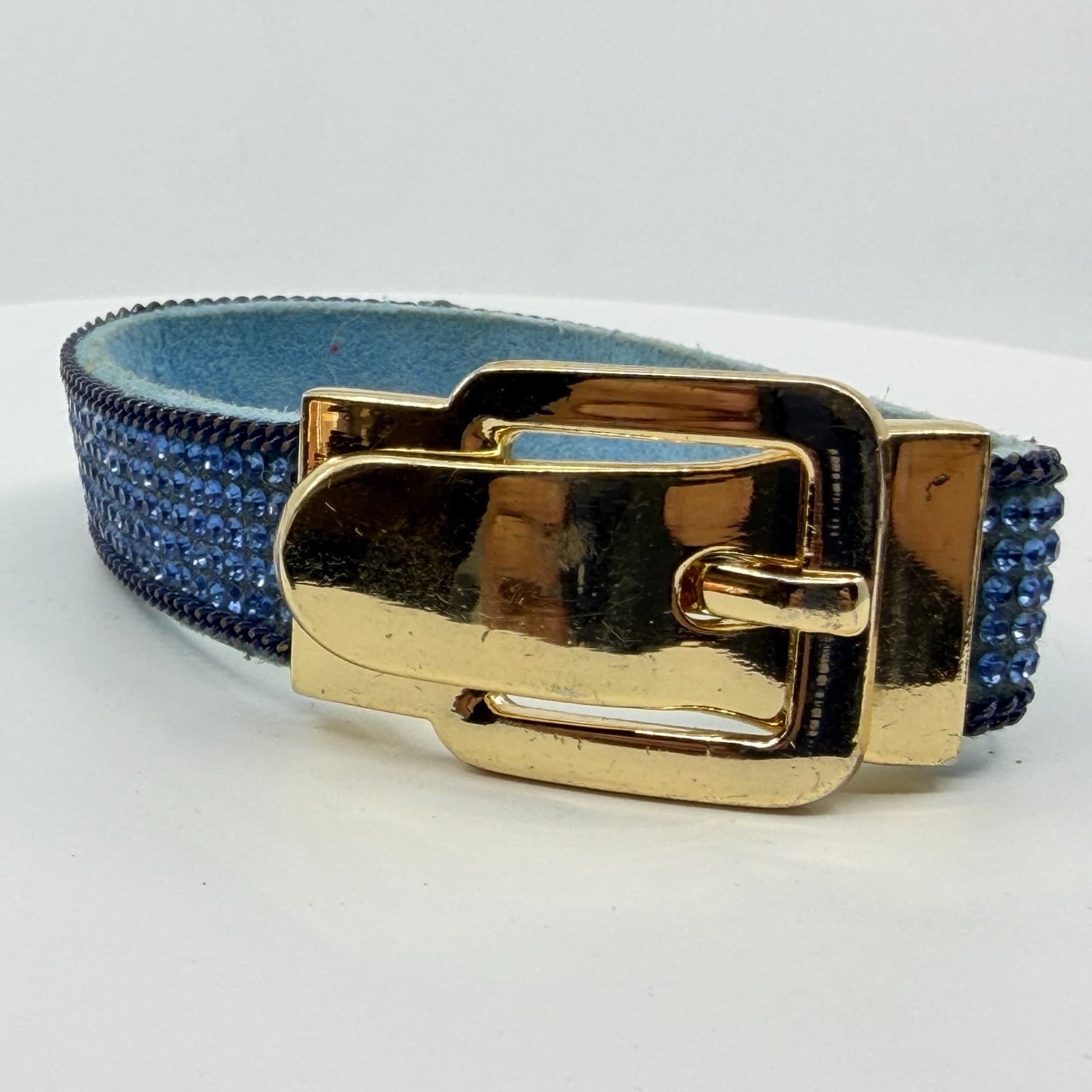 Blue Crystal Rhinestone Belt Style Bracelet Gold Tone Buckle Statement Jewelry - Thumbnail 6
