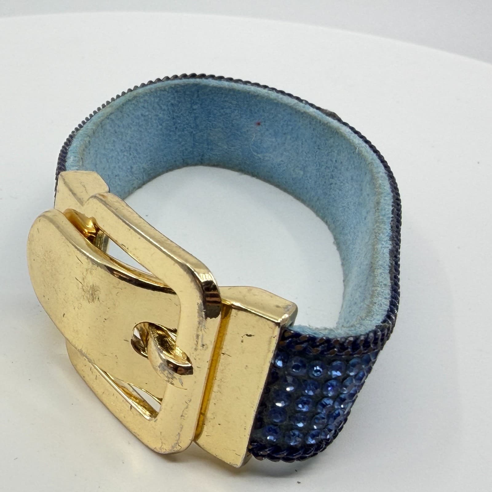 Blue Crystal Rhinestone Belt Style Bracelet Gold Tone Buckle Statement Jewelry - Thumbnail 5