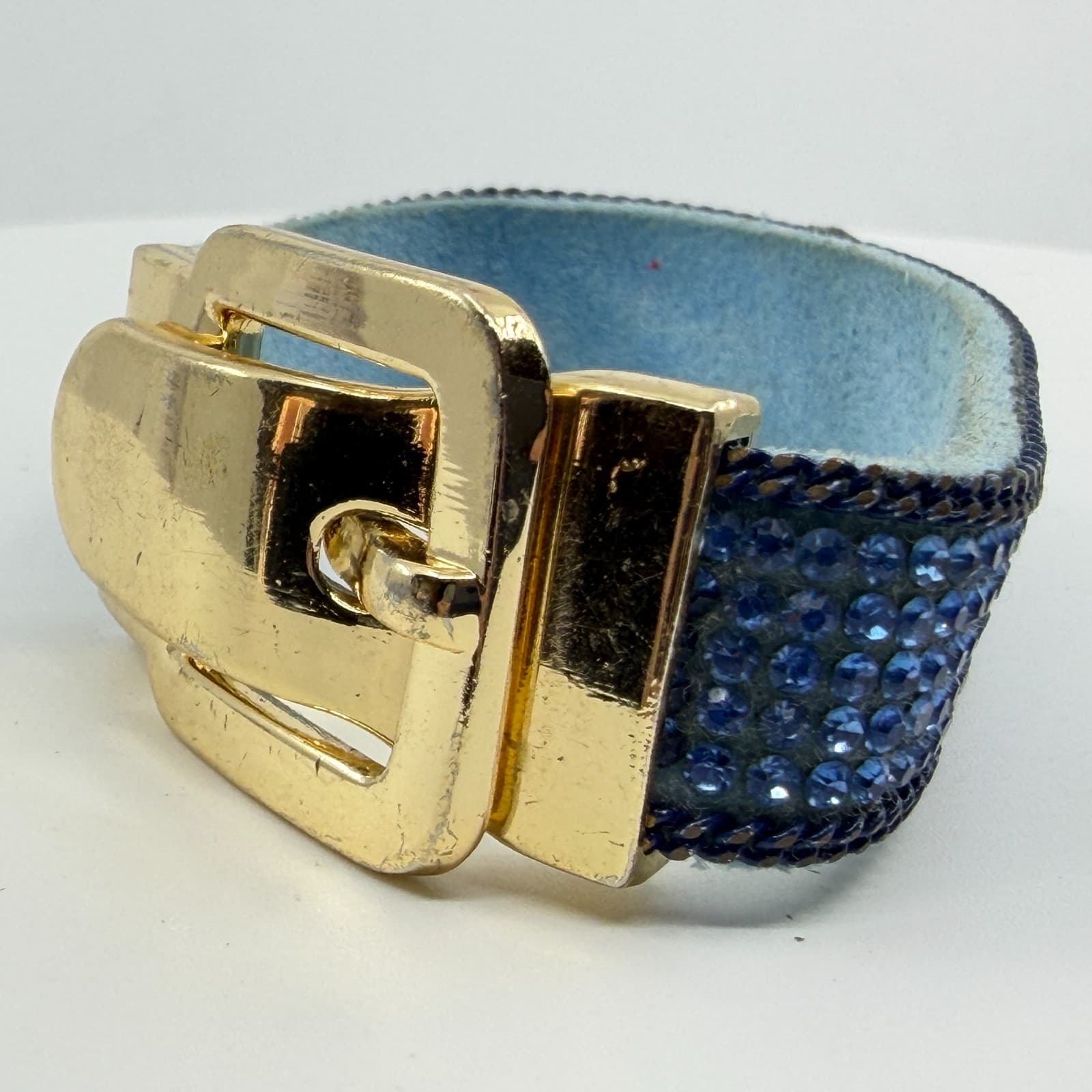 Blue Crystal Rhinestone Belt Style Bracelet Gold Tone Buckle Statement Jewelry - Thumbnail 4