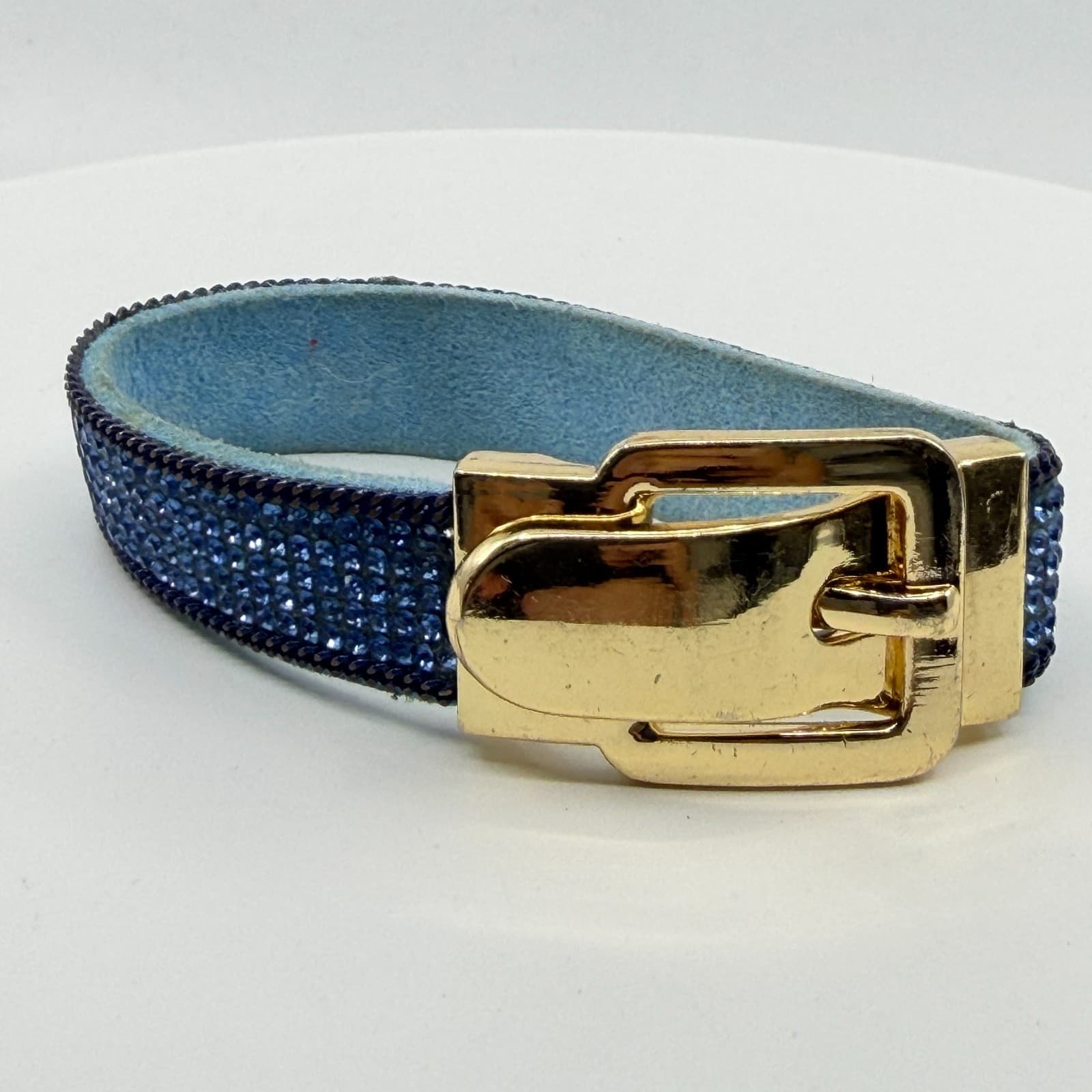 Blue Crystal Rhinestone Belt Style Bracelet Gold Tone Buckle Statement Jewelry - Thumbnail 2