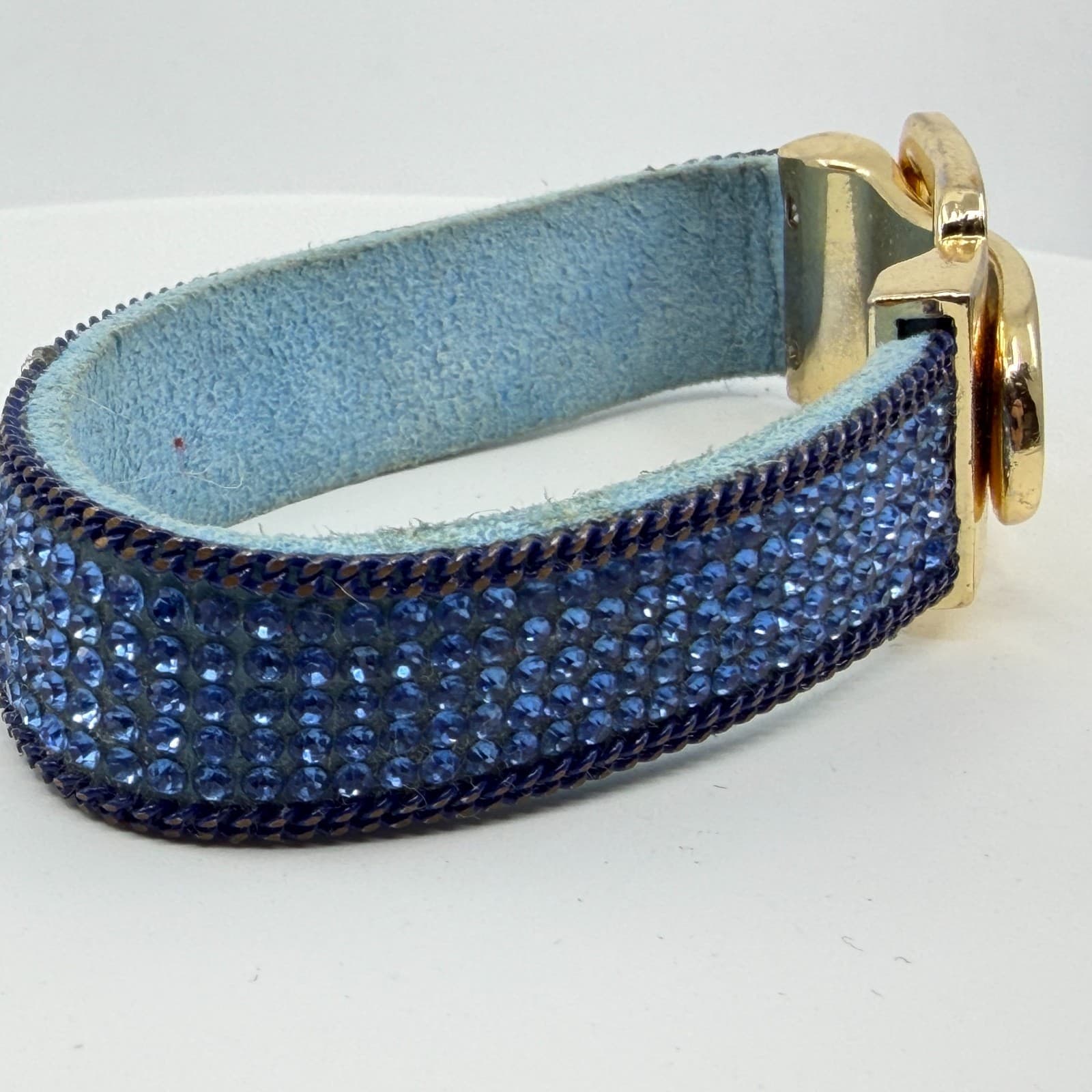 Blue Crystal Rhinestone Belt Style Bracelet Gold Tone Buckle Statement Jewelry - Thumbnail 7