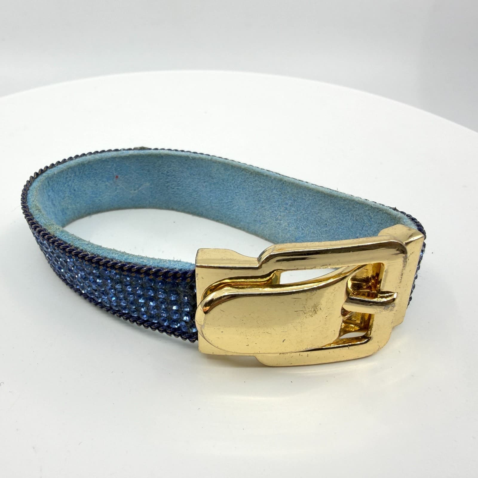 Blue Crystal Rhinestone Belt Style Bracelet Gold Tone Buckle Statement Jewelry - Thumbnail 3