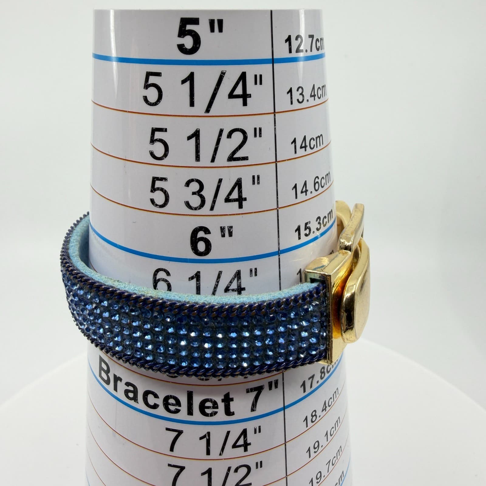 Blue Crystal Rhinestone Belt Style Bracelet Gold Tone Buckle Statement Jewelry - Thumbnail 8