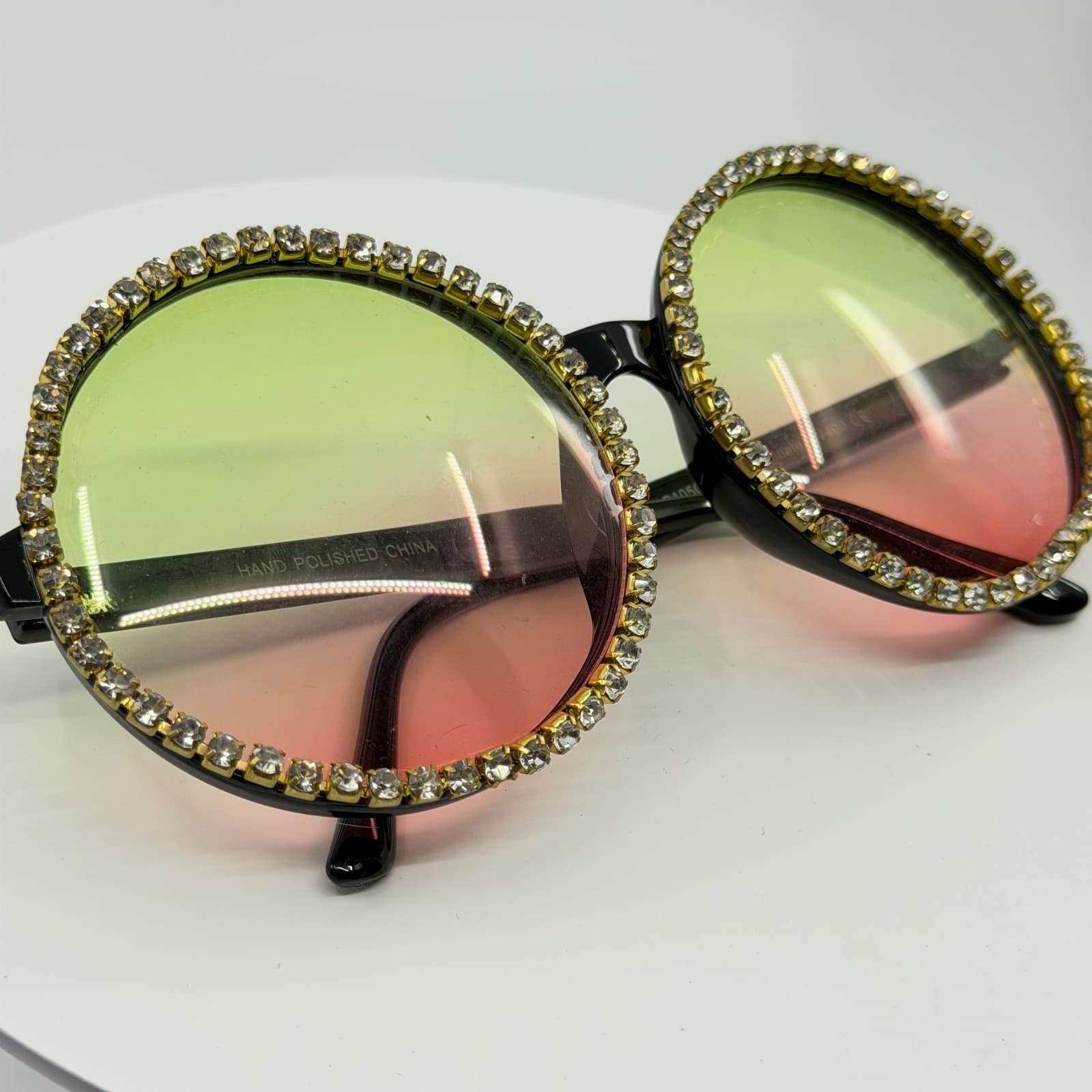Oversized Round Rhinestone Sunglasses Y2K Boho Festival Ombre Tinted Eyewear - Thumbnail 4