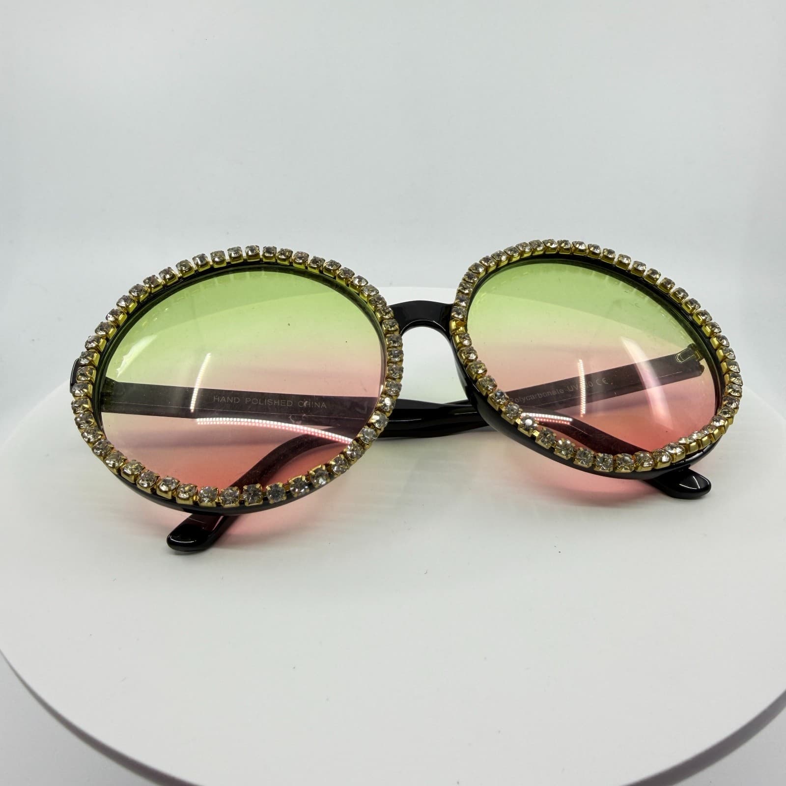 Oversized Round Rhinestone Sunglasses Y2K Boho Festival Ombre Tinted Eyewear - Thumbnail 2