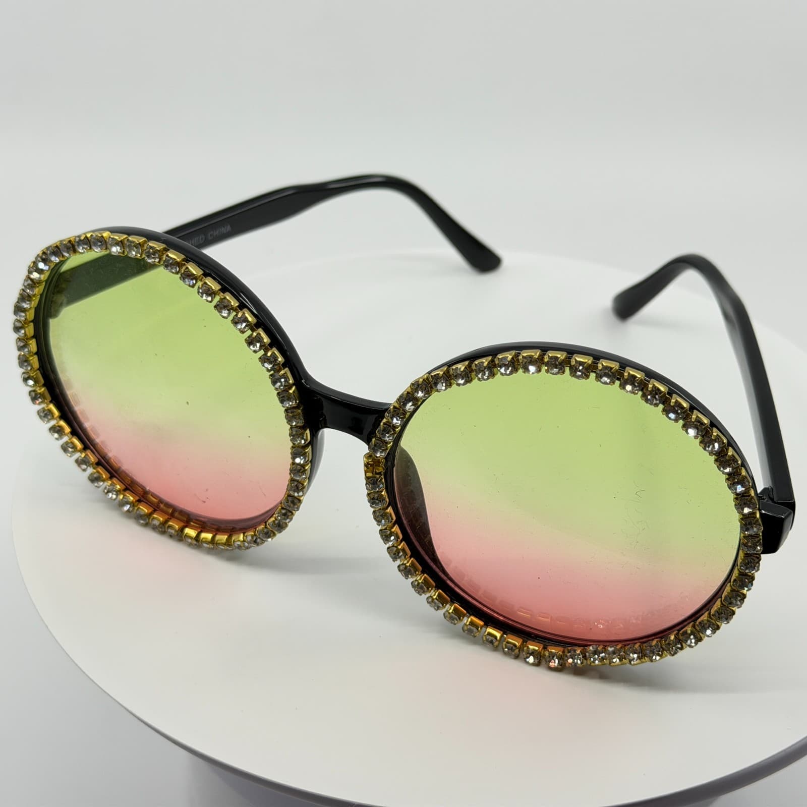 Oversized Round Rhinestone Sunglasses Y2K Boho Festival Ombre Tinted Eyewear - Thumbnail 8