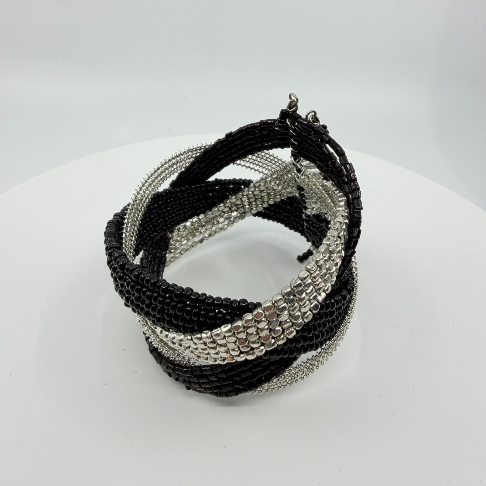 Black & Silver Multi-Strand Statement Bracelet Boho Chic Chunky Layering Gift - Thumbnail 3