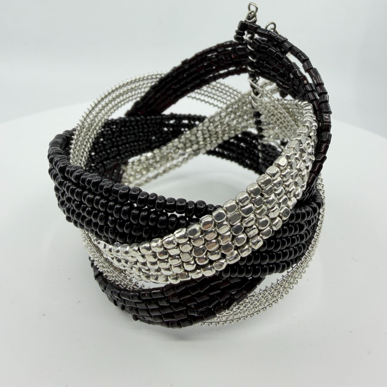 Black & Silver Multi-Strand Statement Bracelet Boho Chic Chunky Layering Gift - Thumbnail 2