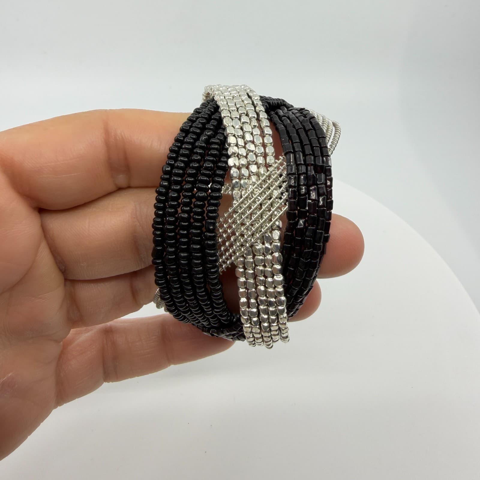 Black & Silver Multi-Strand Statement Bracelet Boho Chic Chunky Layering Gift - Thumbnail 11