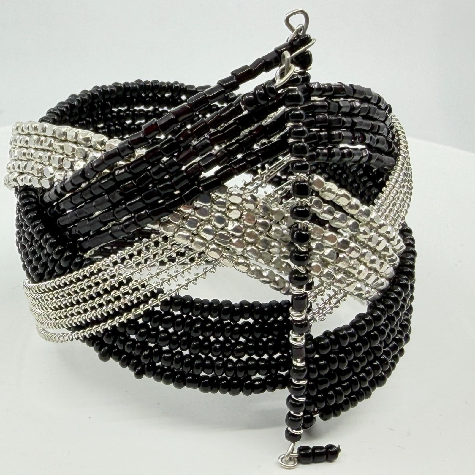 Black & Silver Multi-Strand Statement Bracelet Boho Chic Chunky Layering Gift - Thumbnail 7