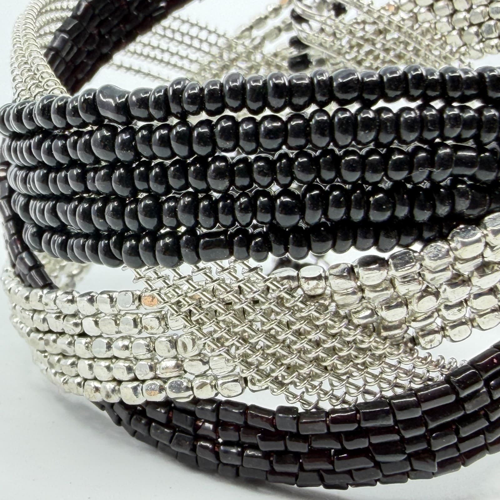 Black & Silver Multi-Strand Statement Bracelet Boho Chic Chunky Layering Gift - Thumbnail 6
