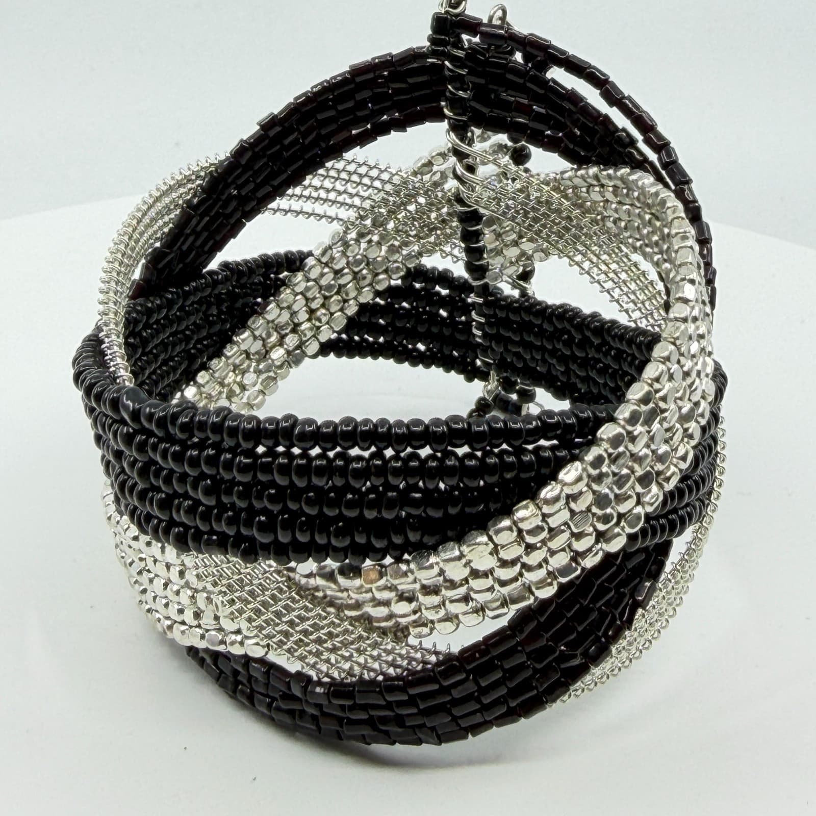 Black & Silver Multi-Strand Statement Bracelet Boho Chic Chunky Layering Gift - Thumbnail 4