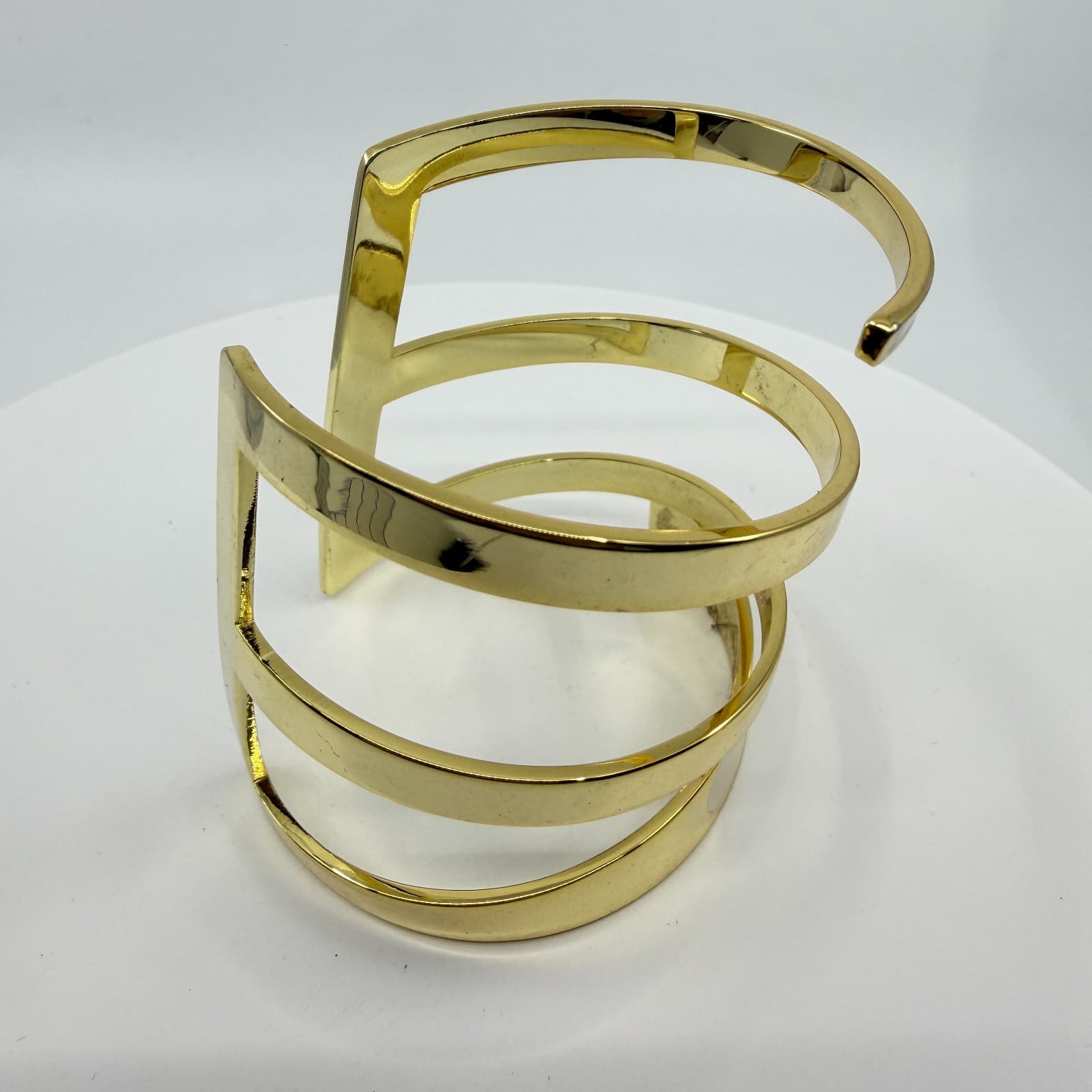 Gold Tone Spiral Cuff Bracelet Modern Geometric Statement Minimalist Bold Chic - Thumbnail 2