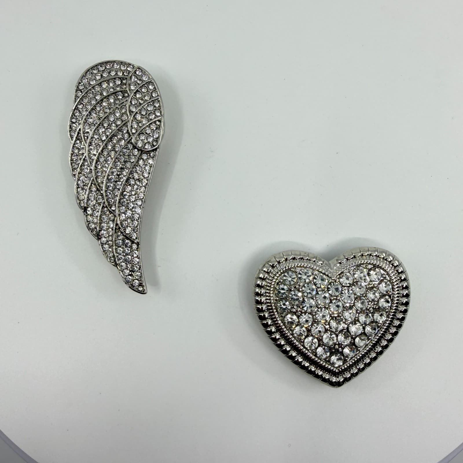 Silver Tone Crystal Angel Wing and Heart Magnetic Brooch Pin Set Glam Statement - Thumbnail 2