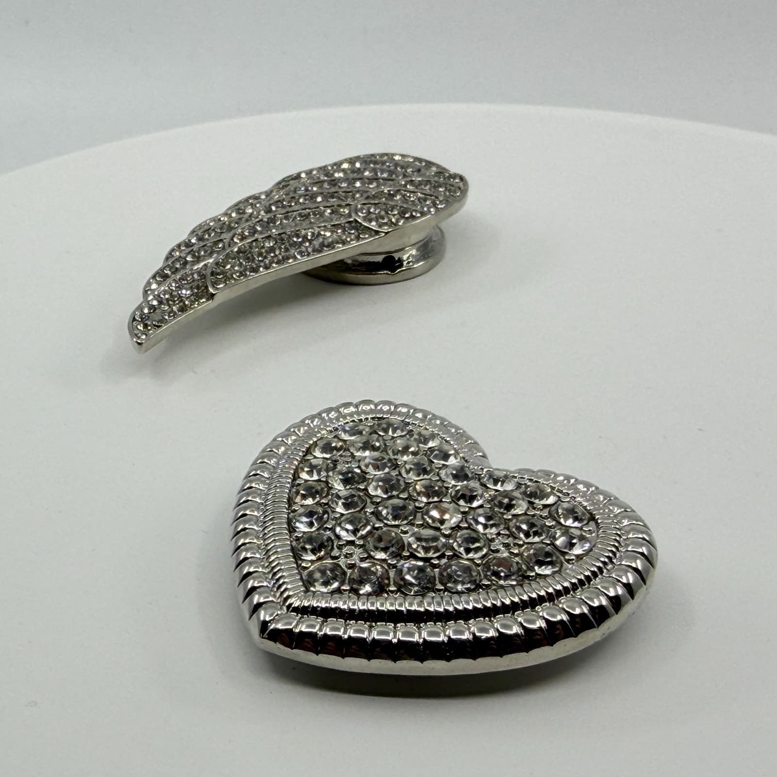 Silver Tone Crystal Angel Wing and Heart Magnetic Brooch Pin Set Glam Statement - Thumbnail 5