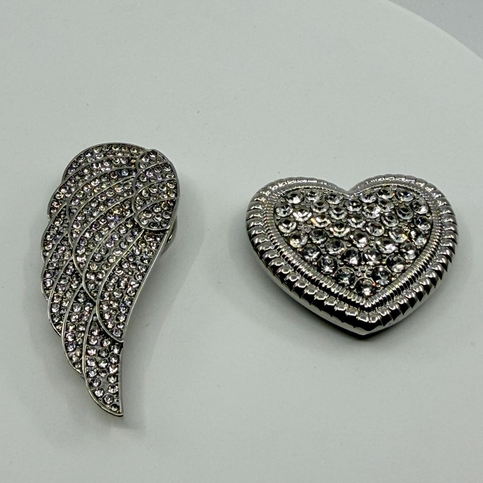Silver Tone Crystal Angel Wing and Heart Magnetic Brooch Pin Set Glam Statement