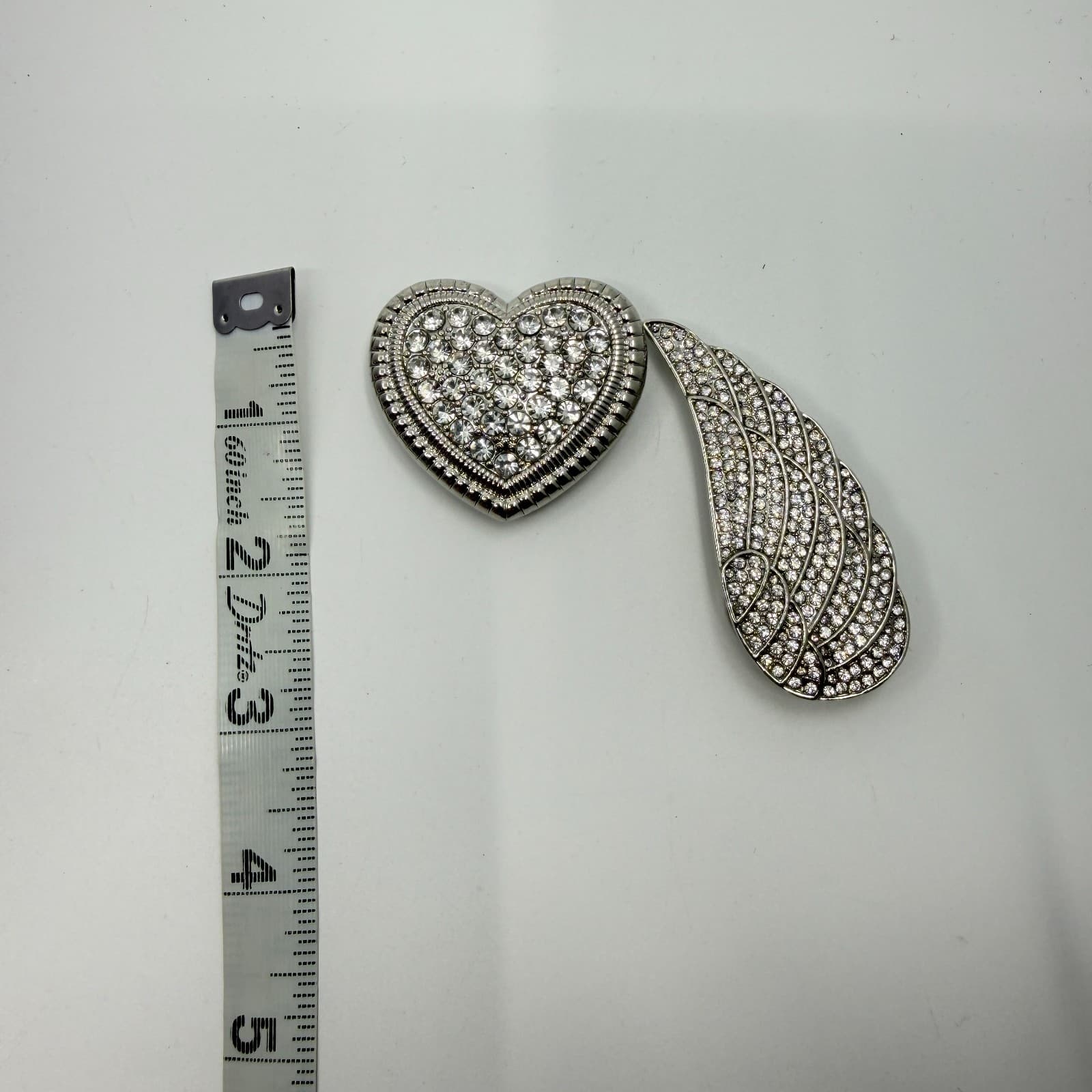 Silver Tone Crystal Angel Wing and Heart Magnetic Brooch Pin Set Glam Statement - Thumbnail 8