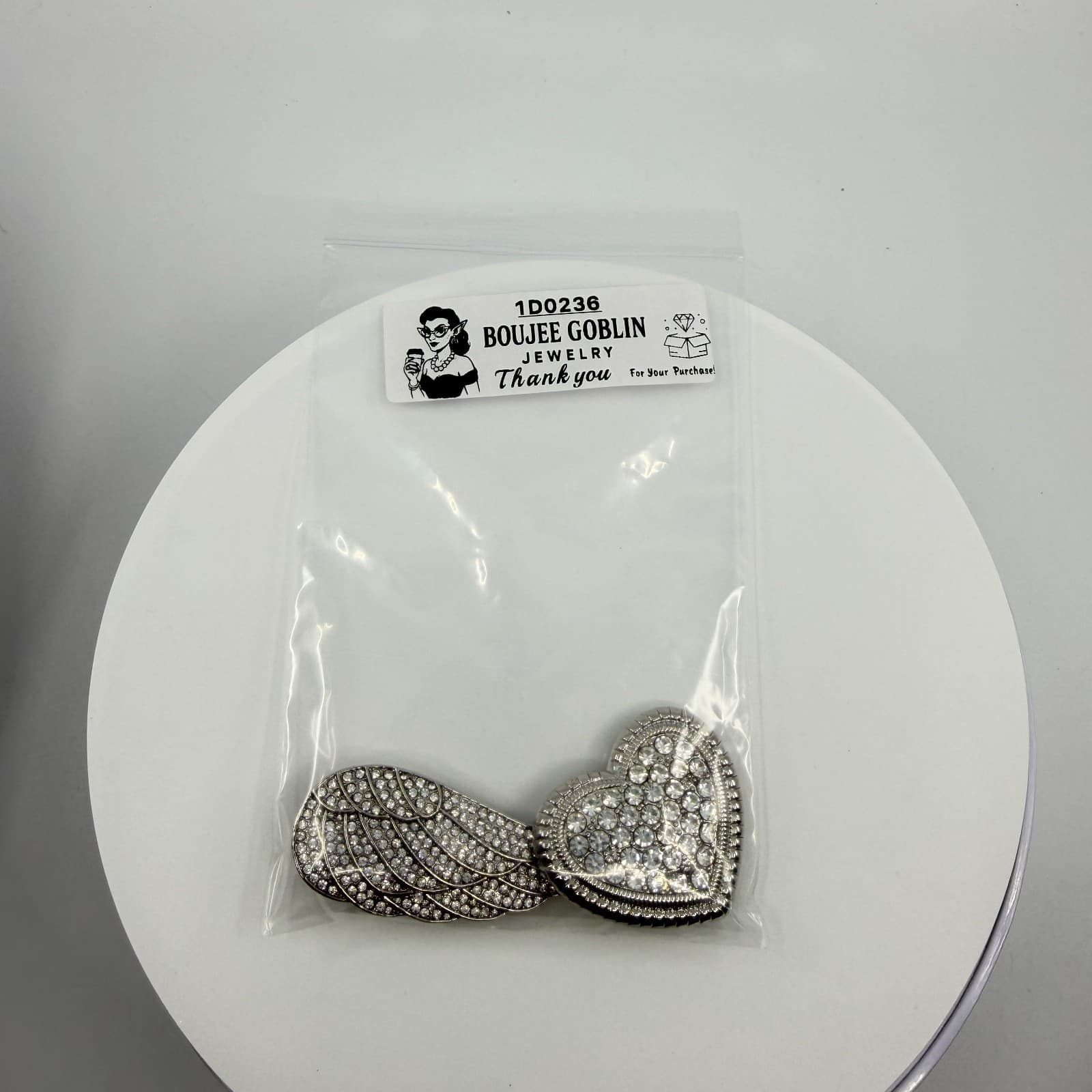 Silver Tone Crystal Angel Wing and Heart Magnetic Brooch Pin Set Glam Statement - Thumbnail 9