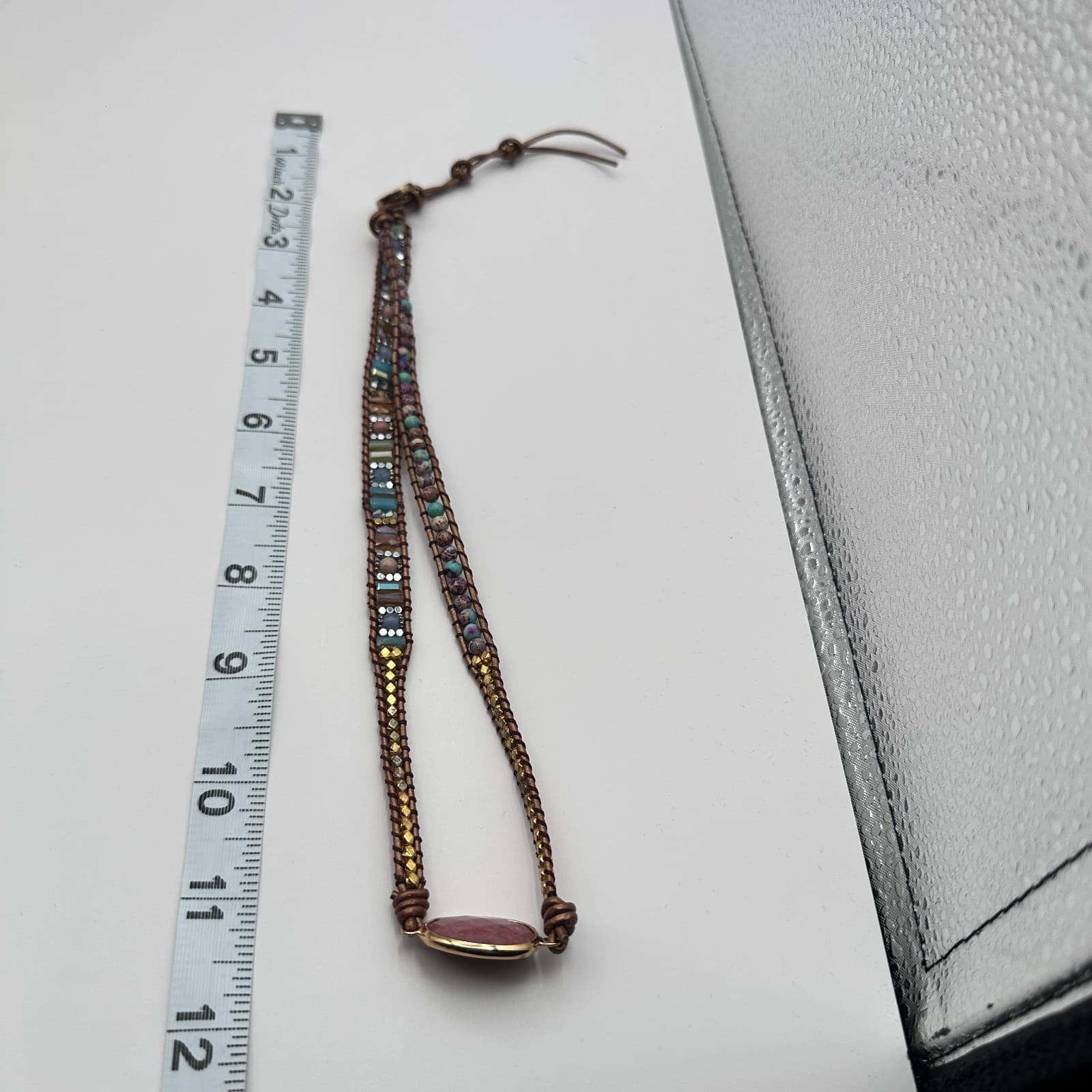 Vintage 90s Gold Tone Pink Jasper Leather Wrap Necklace Women's Fashion Jewelry - Thumbnail 6